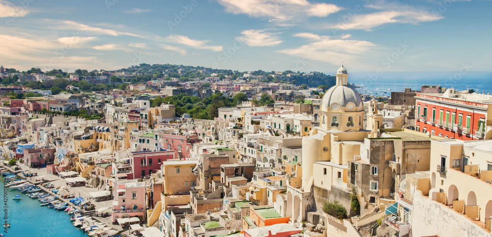 Procida panoramic view, Italy. The mediterranean Italian island close to Naples in a summer day.
