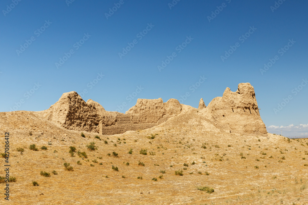 Ruins of an ancient city Sawran or Sauran in Southern Kazakhstan. The destroyed fortress wall. Ruins of an ancient city Sawran or Sauran in Southern Kazakhstan. The destroyed fortress wall.