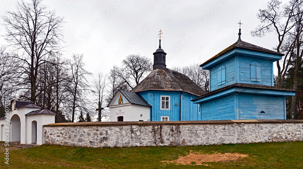 Fototapeta premium Built of wood in 1785, the Orthodox Church of St. Beheading of Saint John the Baptist in the village of Szczyty Dzieciolowo in Podlasie, Poland