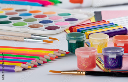 School Art Supplies on a White Table