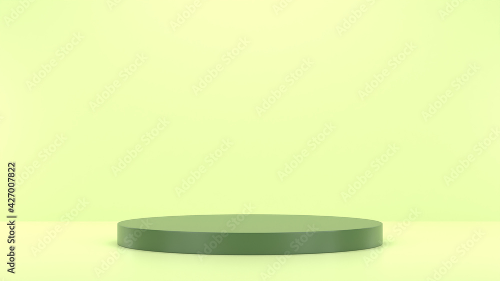 Minimal podium realistic mockup display cosmetic product presentation round empty cylinder stage in soft green background 3D render illustration Minimal podium realistic mockup display cosmetic product presentation round empty cylinder stage in soft green background 3D render illustration