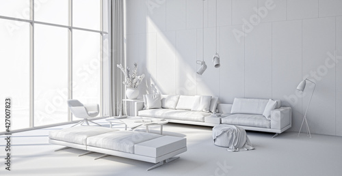 Illustration 3D rendering large luxury modern bright interiors Living room mockup computer digitally generated image © 3DarcaStudio