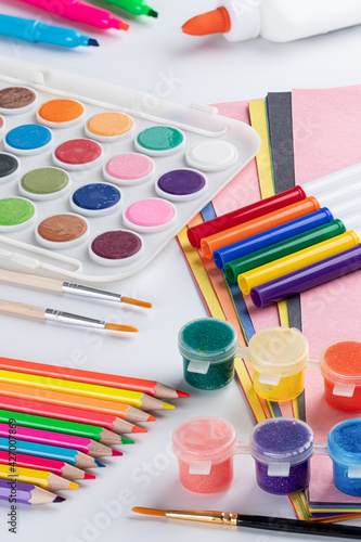 School Art Supplies on a White Table