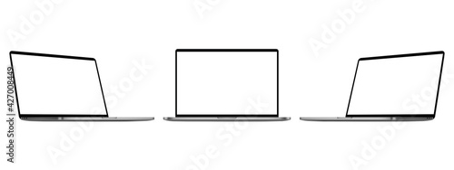 Set of Modern Laptops, Front and Side View, Isolated on White Background. Vector Illustration