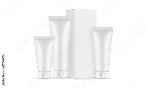 Plastic Cosmetic Tubes with Various Sizes, Paper Packaging Box, Isolated on White Background. Vector Illustration