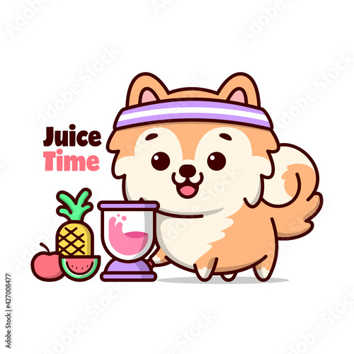 CUTE BROWN PUPPY ARE MAKING FRUIT JUICE CARTOON ILLUSTRATION