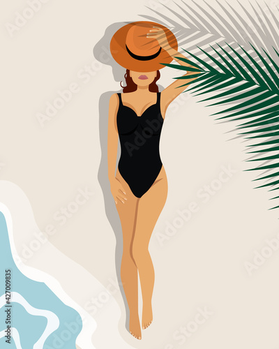 Vector illustration with a girl silhouette in a swimsuit on the beach. Summer concept, vacation and beach concept. For postcard, design t-shirt, poster.