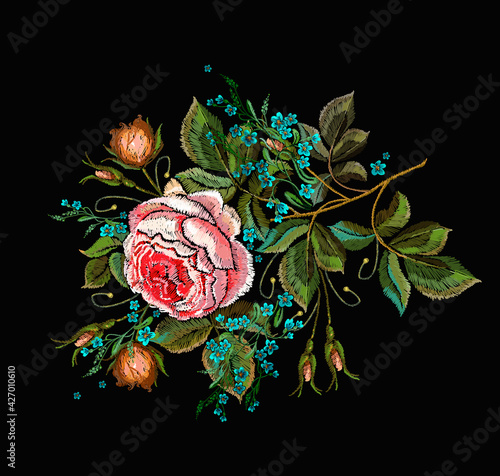 Pink rose. Embroidery flowers. Fashion template for design of clothes, t-shirt design. Spring garden art