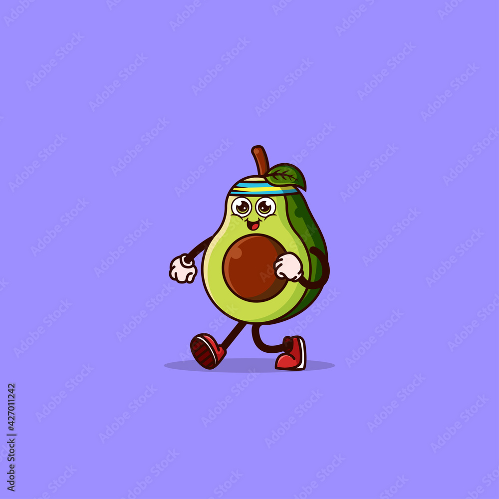 Cute Avocado character jogging. Fruit character icon concept isolated. Emoji Sticker. flat cartoon style Vector Cute Avocado character jogging. Fruit character icon concept isolated. Emoji Sticker. flat cartoon style Vector