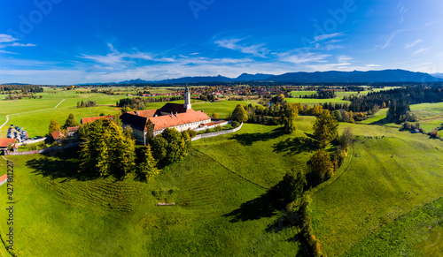 Aerial view of Reutberg Monastery, near Sachsenkam, Upper Bavaria, Bavaria, Germany,