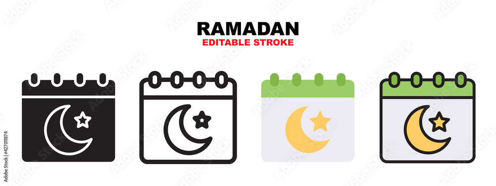 Ramadan day with calendar icon set with different styles. Icons designed in filled, outline, flat, glyph and line colored. Editable stroke and pixel perfect. Can be used for web, mobile, ui and more.
