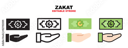 Zakat icon set with different styles. Icons designed in filled, outline, flat, glyph and line colored. Editable stroke and pixel perfect. Can be used for web, mobile, ui and more.