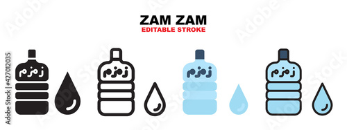 Zam-zam bottle water icon set with different styles. Icons designed in filled, outline, flat, glyph and line colored. Editable stroke and pixel perfect. Can be used for web, mobile, ui and more.