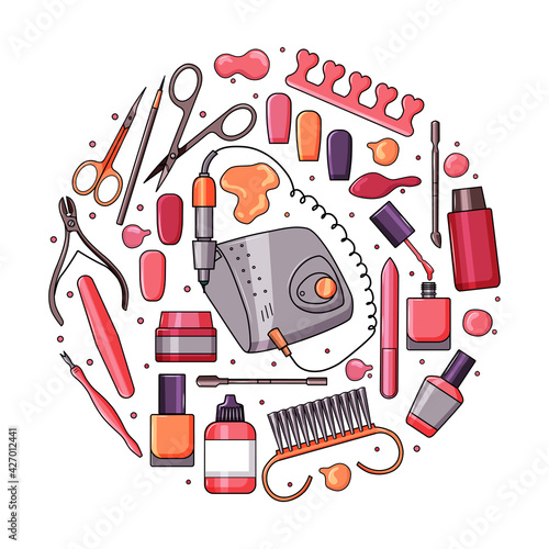 A set of manicure equipment. Collection of various tools: nail file, nail clippers, scissors, nail polishes. Colorful illustration