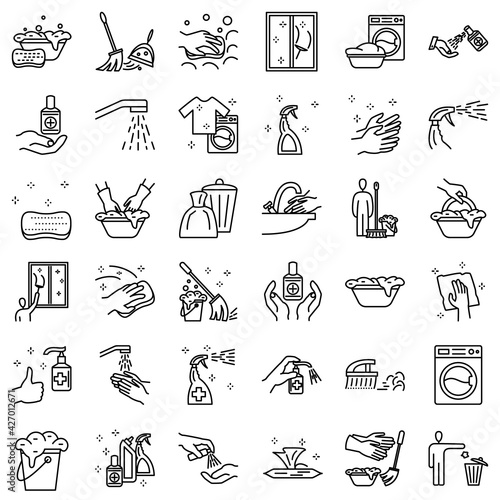 Set vector icon - clean, disinfection, cleaning, washing. Homework, Washing clothes, Hand hygiene, Cleaning windows. Vector, isolated, Outline, 48x48 pixel.