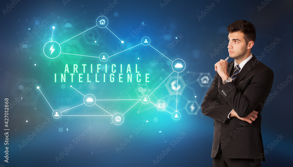 Businessman thinking about technology concept Businessman thinking about technology concept
