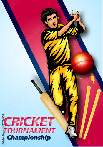 vector Illustration of cricket player ,Creative poster or banner design with background for Cricket Championship poster with illustration of batsman and bowler playing cricket championship 