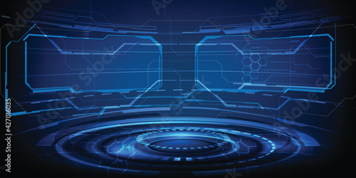 Virtual tech digital hi tech round curve screen with digital element architect environment dark blue stage layout showroom for digital interface artwork.Vector illustrations.