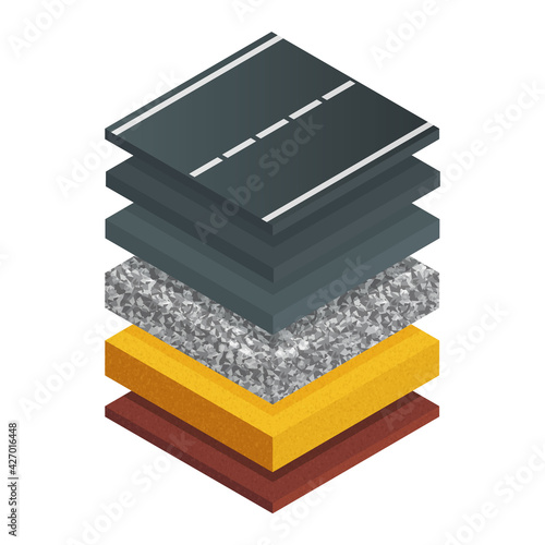 Vector illustration typical asphalt road structure isolated on white background. Realistic cross section road structure diagram in flat cartoon style. Isometric scheme of asphalt paving technology.