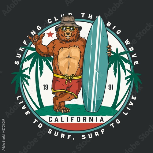 Surfing vintage colorful round badge