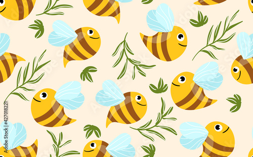Seamless pattern with bees and leaves on color background. Small wasp. Vector illustration. Adorable cartoon character. Template design for invitation, cards, textile, fabric. Doodle style
