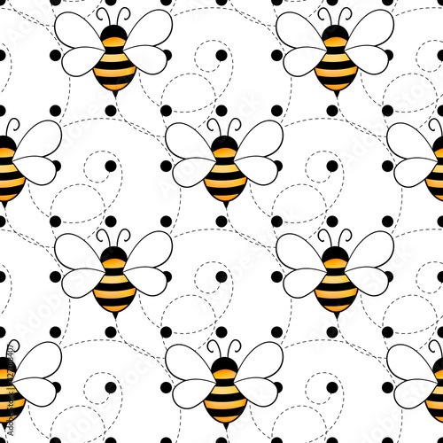 Seamless pattern with bees on white polka dots background. Small wasp. Vector illustration. Adorable cartoon character. Template design for invitation, cards, textile, fabric. Doodle style