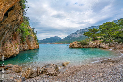 Korsan Koyu (Pirate Bay), was a bay where ships would gather to shelter from storms and is a favorite spot for camping enthusiasts on the Lycian way trekking, Antalya