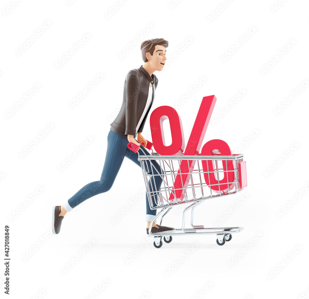 3d cartoon man pushing shopping cart with percent sign Stock Illustration Adobe Stock