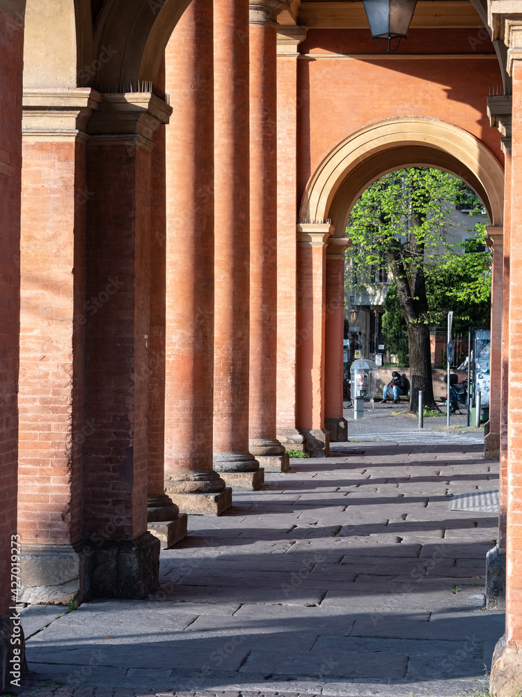 Arcade, Hallway and Columns - orange architecture in Public Square in Parma, Italy