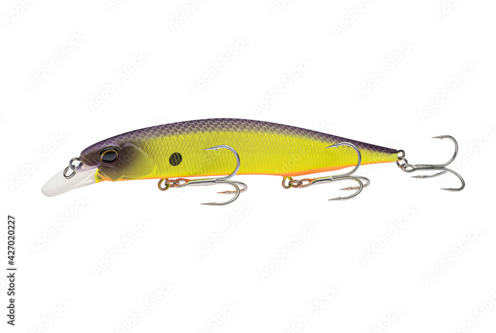 Wobbler with hooks for fishing as bait for fish, which is used for spinning. Fishing tackle for a fisherman. Wobbler with hooks for fishing as bait for fish, which is used for spinning. Fishing tackle for a fisherman.