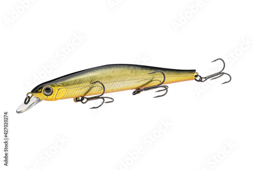 Wobbler with hooks for fishing as bait for fish, which is used for spinning. Fishing tackle for a fisherman.
