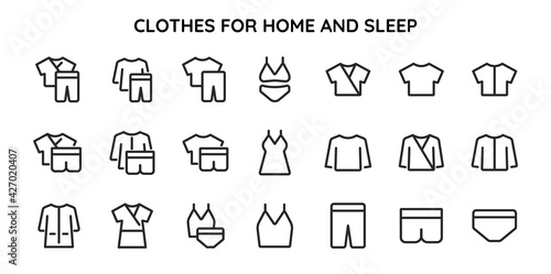 Collection of linear icons of clothes for home and for sleep. Home clothes. Nightwear sets. Homewear. Sleepwear vector outline illustration. Pajamas and T-shirts for walking around apartment