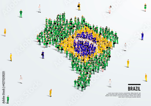 Brazil Map and Flag. A large group of people in Brazilian flag color form to create the map. Vector Illustration. photo