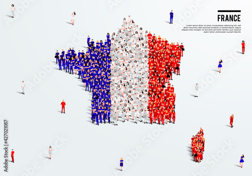 France Map and Flag. A large group of people in French flag color form to create the map. Vector Illustration.