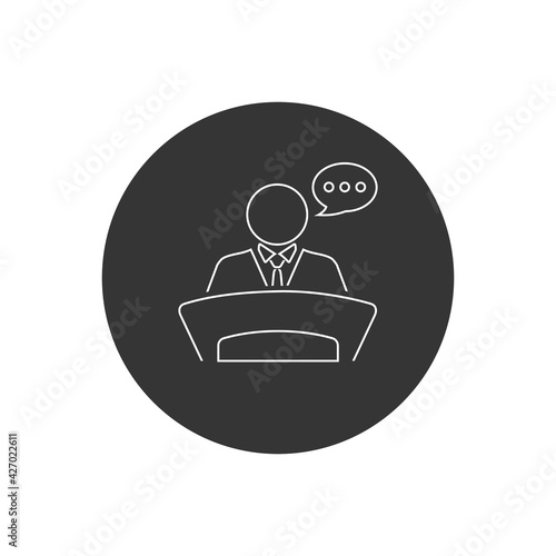 Class lecturer at podium line white icon. Vector
