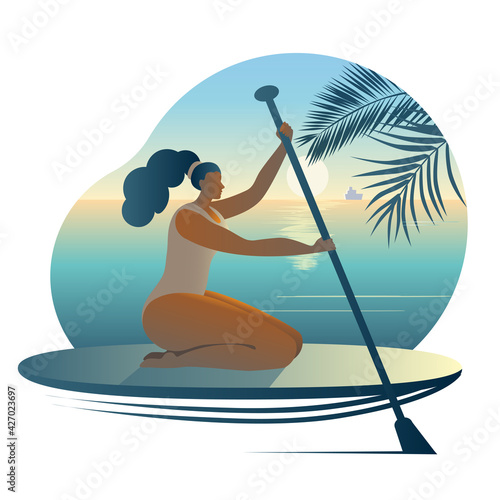 A girl in a swimsuit with a paddle sits on a surfboard. Vector icon in a flat style on the theme of surfing.