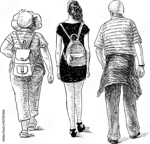Sketch of grandparents and granddaughter going for a stroll together