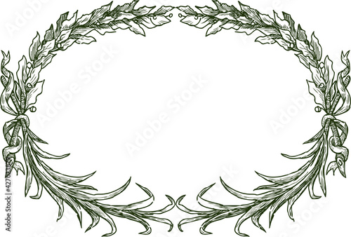 Vector drawing of decorative oval floral frame from triumphal laurel branches with ribbons