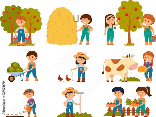Young people at farm vector  farmers with cow  girl feeding chickens  boy and girl with apple basket  harvesting season. Set vector illustration.