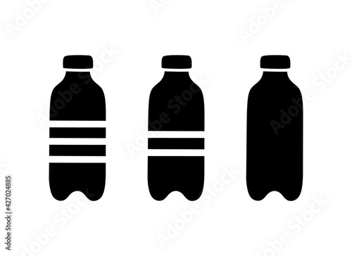 PET bottle silhouette icons set. Hand drawn simple illustration of plastic container for water, liquid, oil. Black isolated vector pictogram on white background