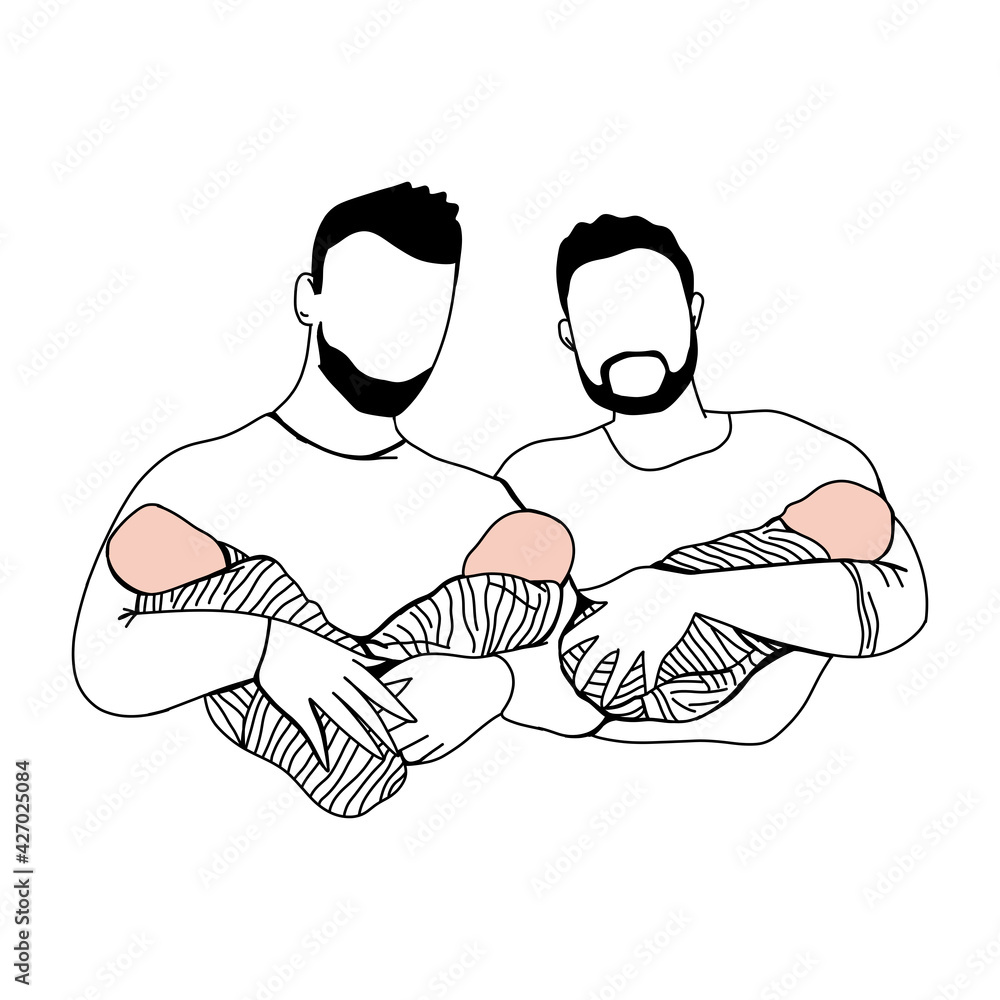 LGBT family hugs their child. Male gay couple with their children. Flat vector hand drawn illustration LGBT family hugs their child. Male gay couple with their children. Flat vector hand drawn illustration