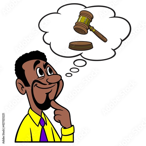 Man thinking about a Court Case  - A cartoon illustration of a man thinking about an up and coming Court Case trial.