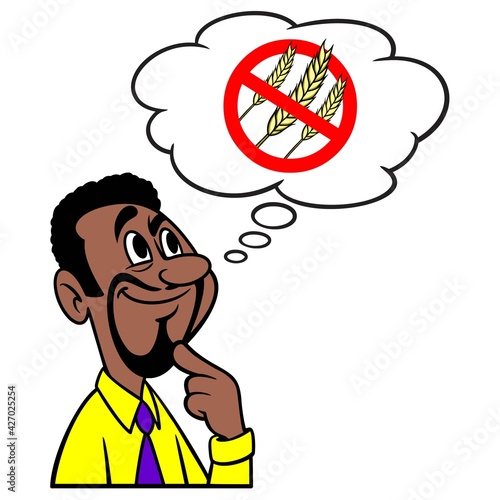 Man thinking about Gluten Allergy - A cartoon illustration of a man thinking about a Gluten Free diet.