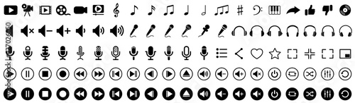 Media player control icon set, music, sound and cinema icon set, interface multimedia symbols video and audio, media player buttons, music speaker volume – stock vector