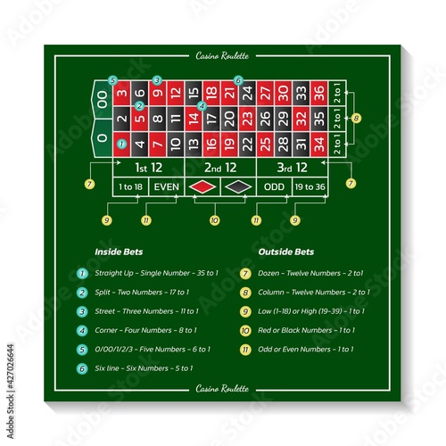 Casino european roulette rules with table and bets. Infographics of playing and payout of game. Vector illustration on green background.