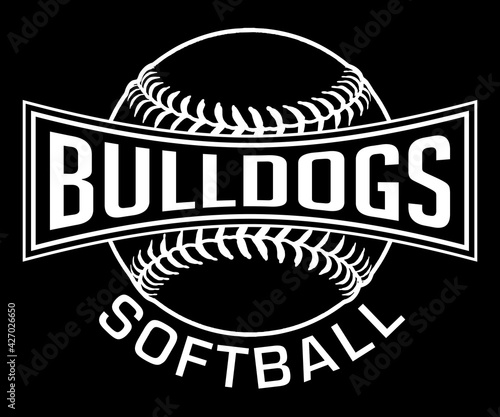 Bulldogs Softball Graphic-One Color-White-One Color-White is a one white on black sports design which includes a softball and text and is perfect for your school or team. Great for Bulldogs t-shirts.