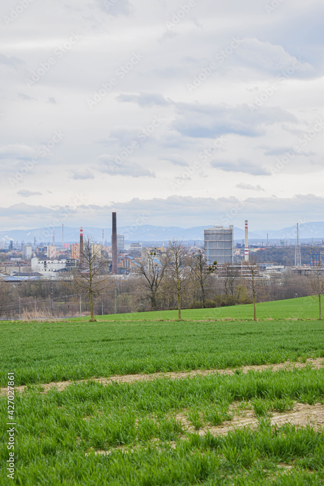 City panorama of industrial city  Ostrava. Power plant at background
