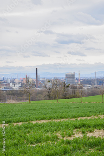 City panorama of industrial city Ostrava. Power plant at background