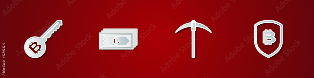 Set Cryptocurrency key, bitcoin, Pickaxe and Shield with icon. Vector Set Cryptocurrency key, bitcoin, Pickaxe and Shield with icon. Vector