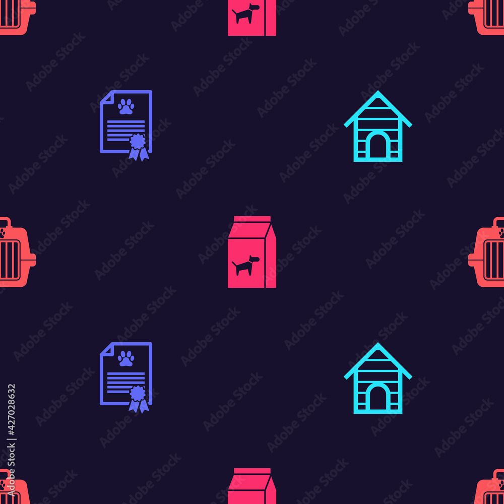 Set Dog house, Certificate for dog or cat, Bag of food and Pet carry case on seamless pattern. Vector Set Dog house, Certificate for dog or cat, Bag of food and Pet carry case on seamless pattern. Vector